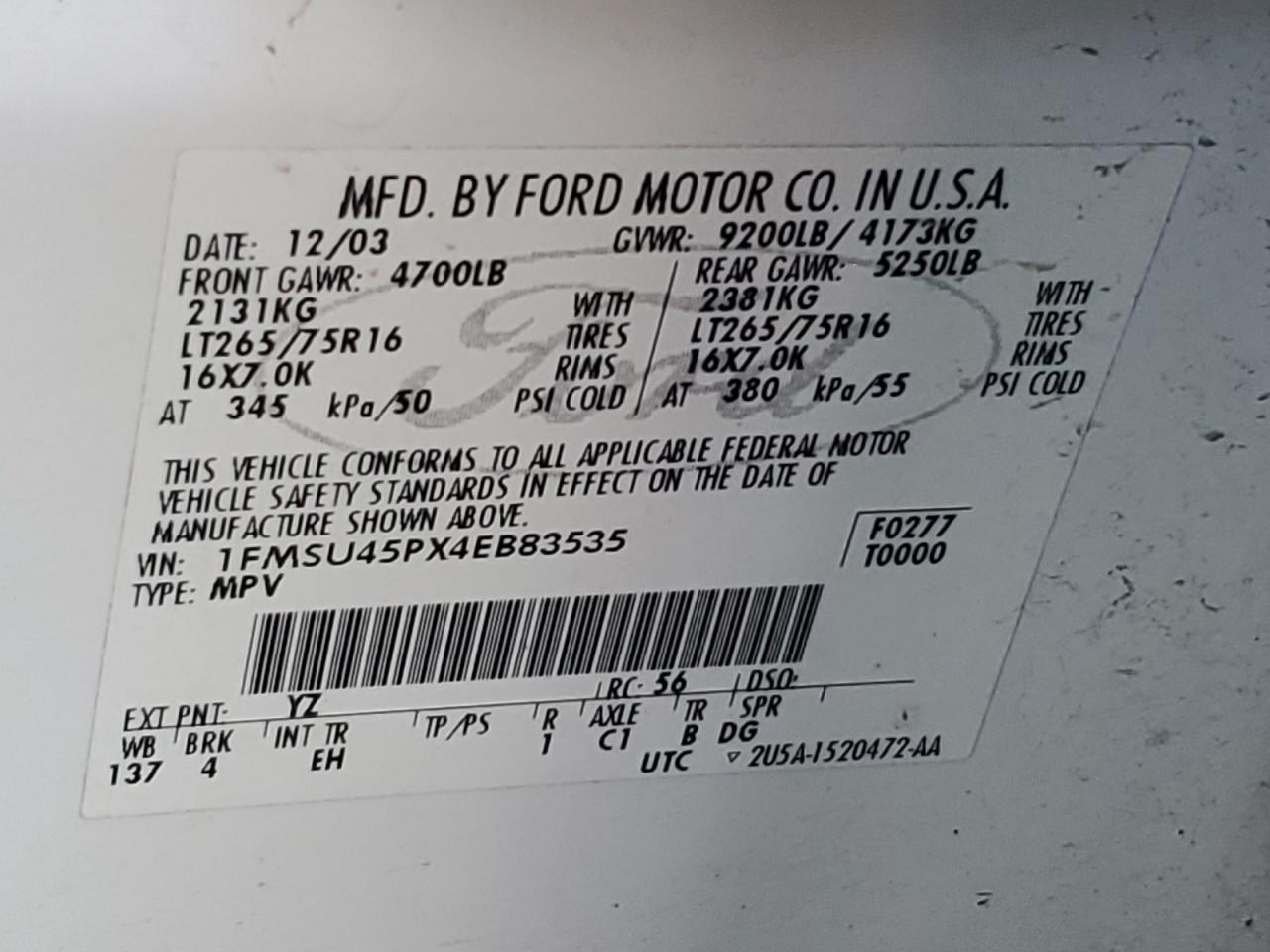 2004 Ford Excursion Eddie Bauer VIN: 1FMSU45PX4EB83535 Lot: 92082325