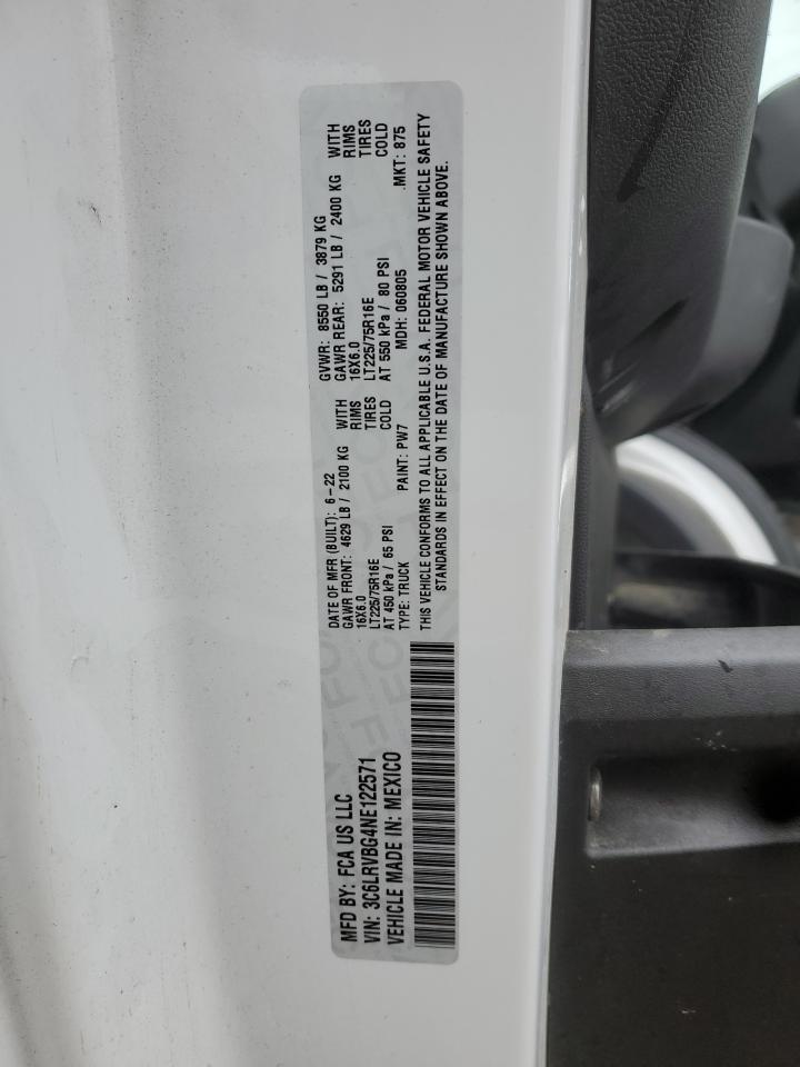 2022 Ram Promaster 1500 Delivery Van VIN: 3C6LRVBG4NE122571 Lot: 92218225