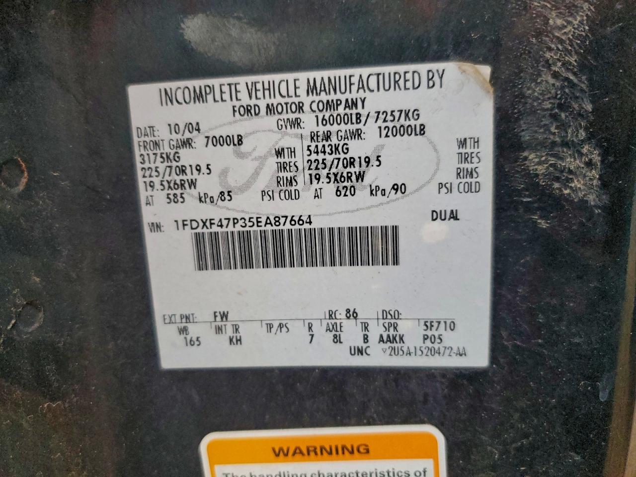 2005 Ford F450 Super Duty VIN: 1FDXF47P35EA87664 Lot: 94128145