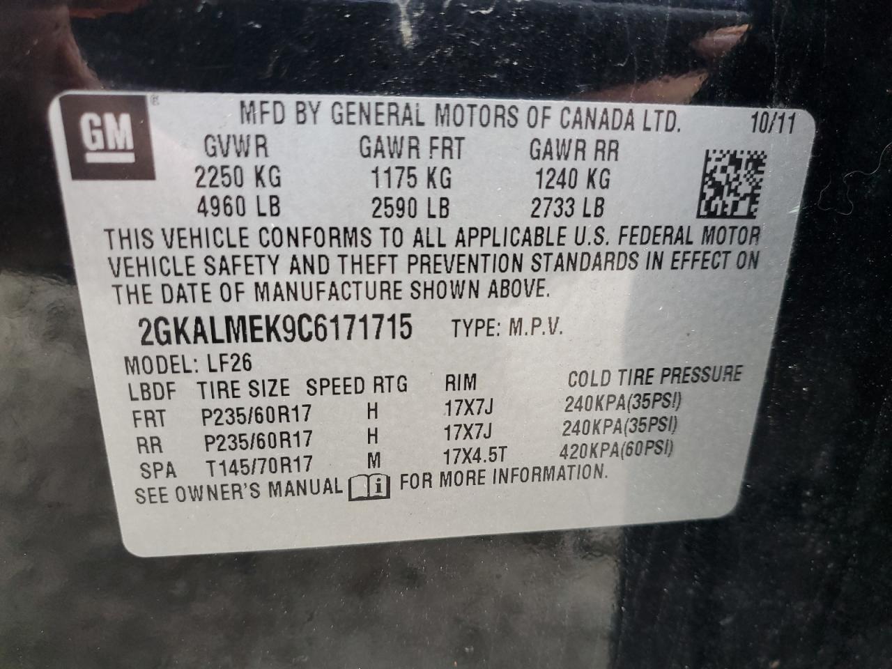 2012 GMC Terrain Sle VIN: 2GKALMEK9C6171715 Lot: 91351755