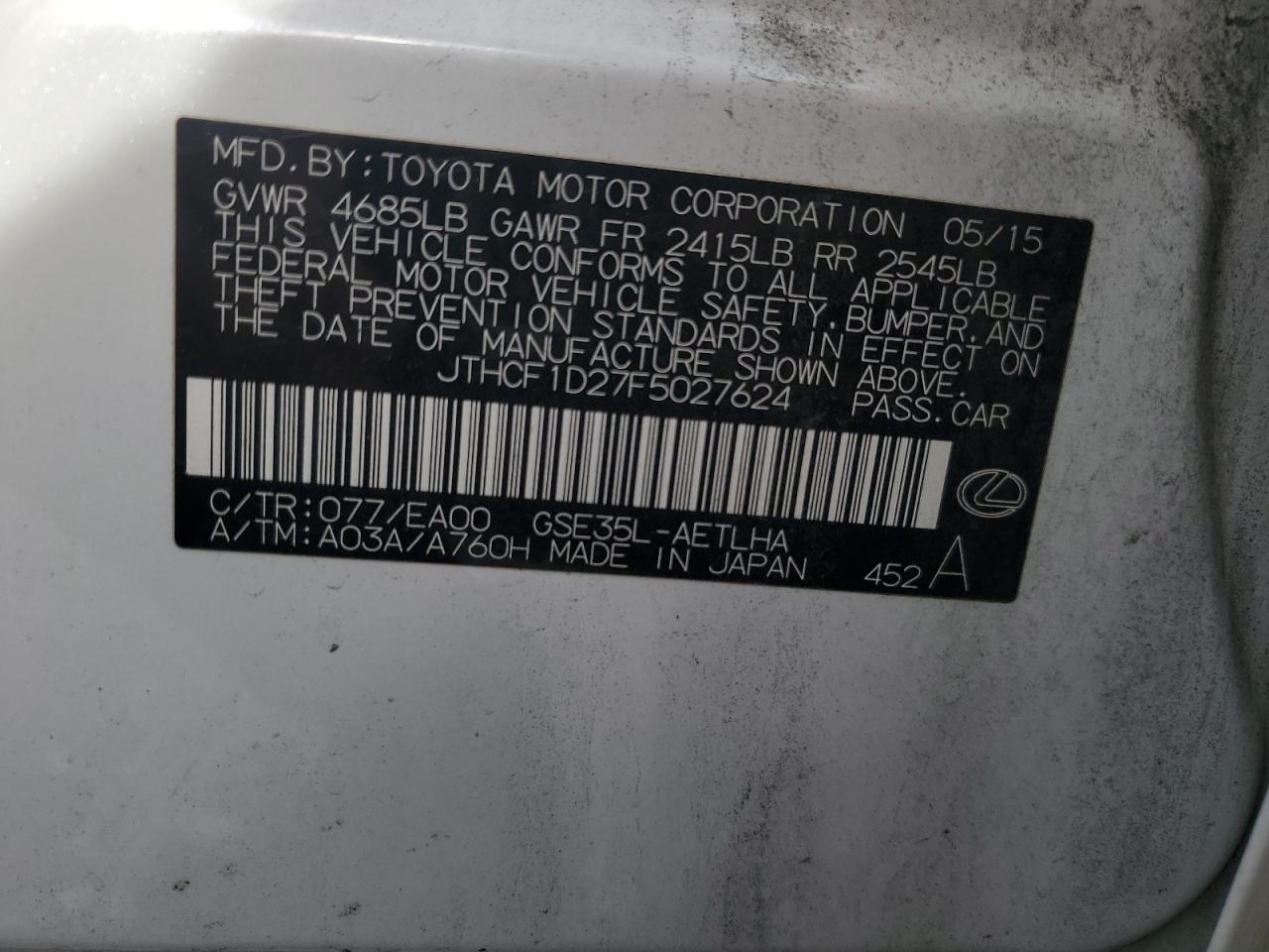 2015 Lexus Is 250 VIN: JTHCF1D27F5027624 Lot: 92780135