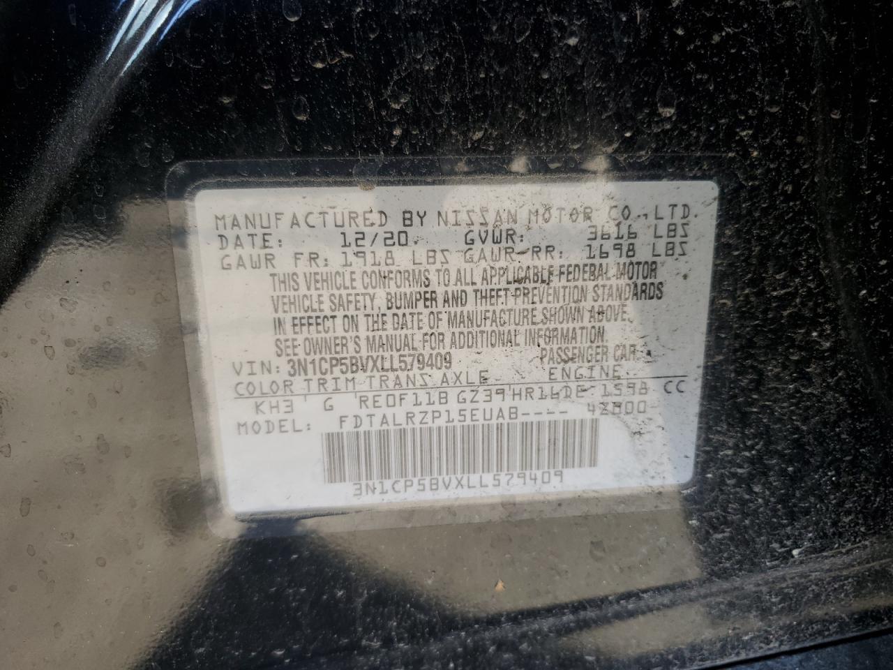 2020 Nissan Kicks S VIN: 3N1CP5BVXLL579409 Lot: 90954925