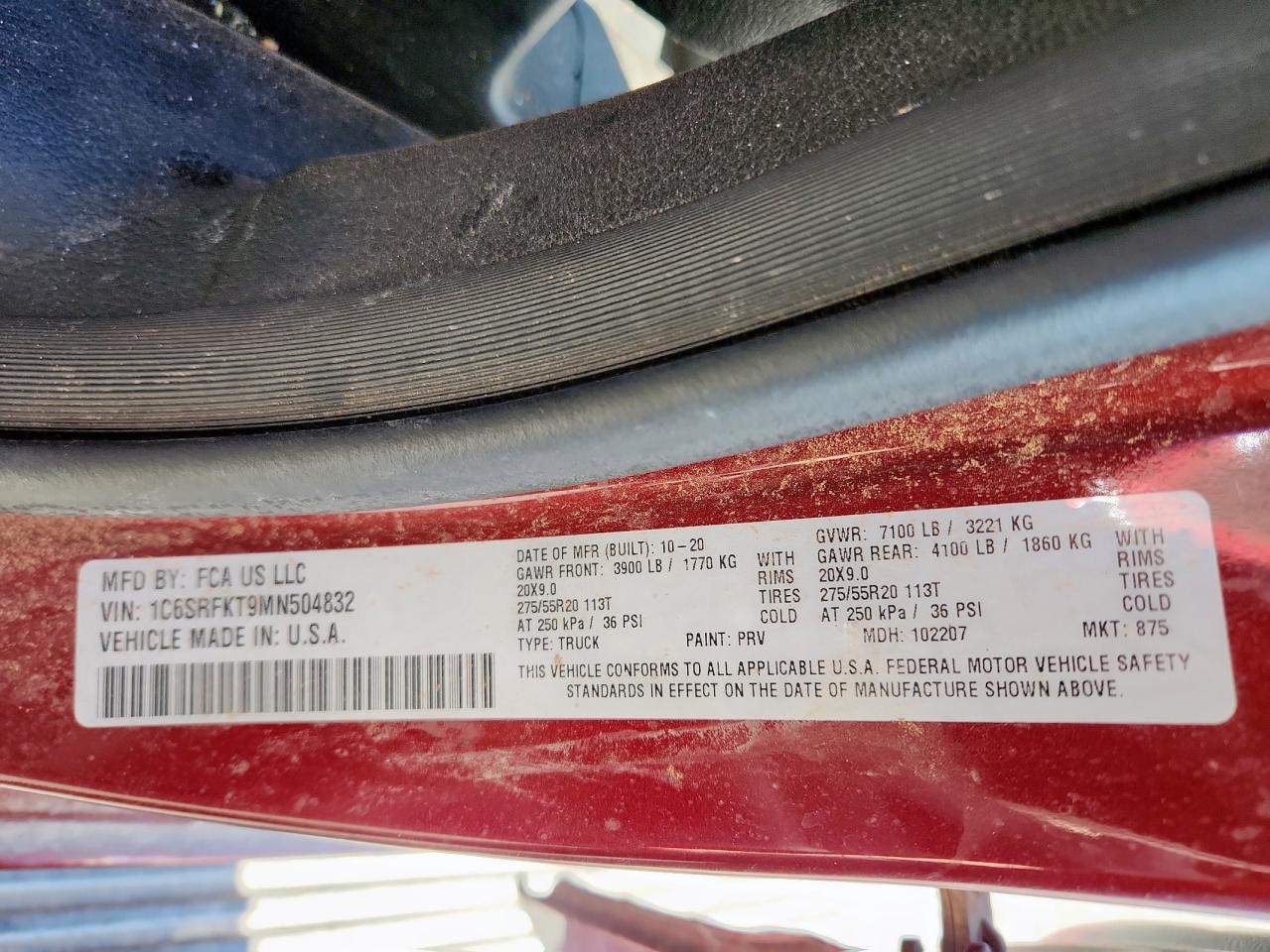 2021 Ram 1500 Longhorn VIN: 1C6SRFKT9MN504832 Lot: 91366665