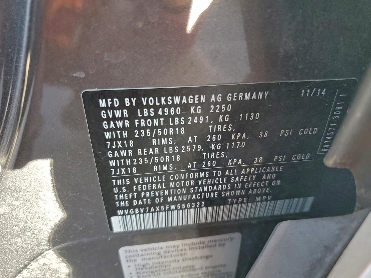 2015 Volkswagen Tiguan S VIN: WVGBV7AX5FW556322 Lot: 92276915