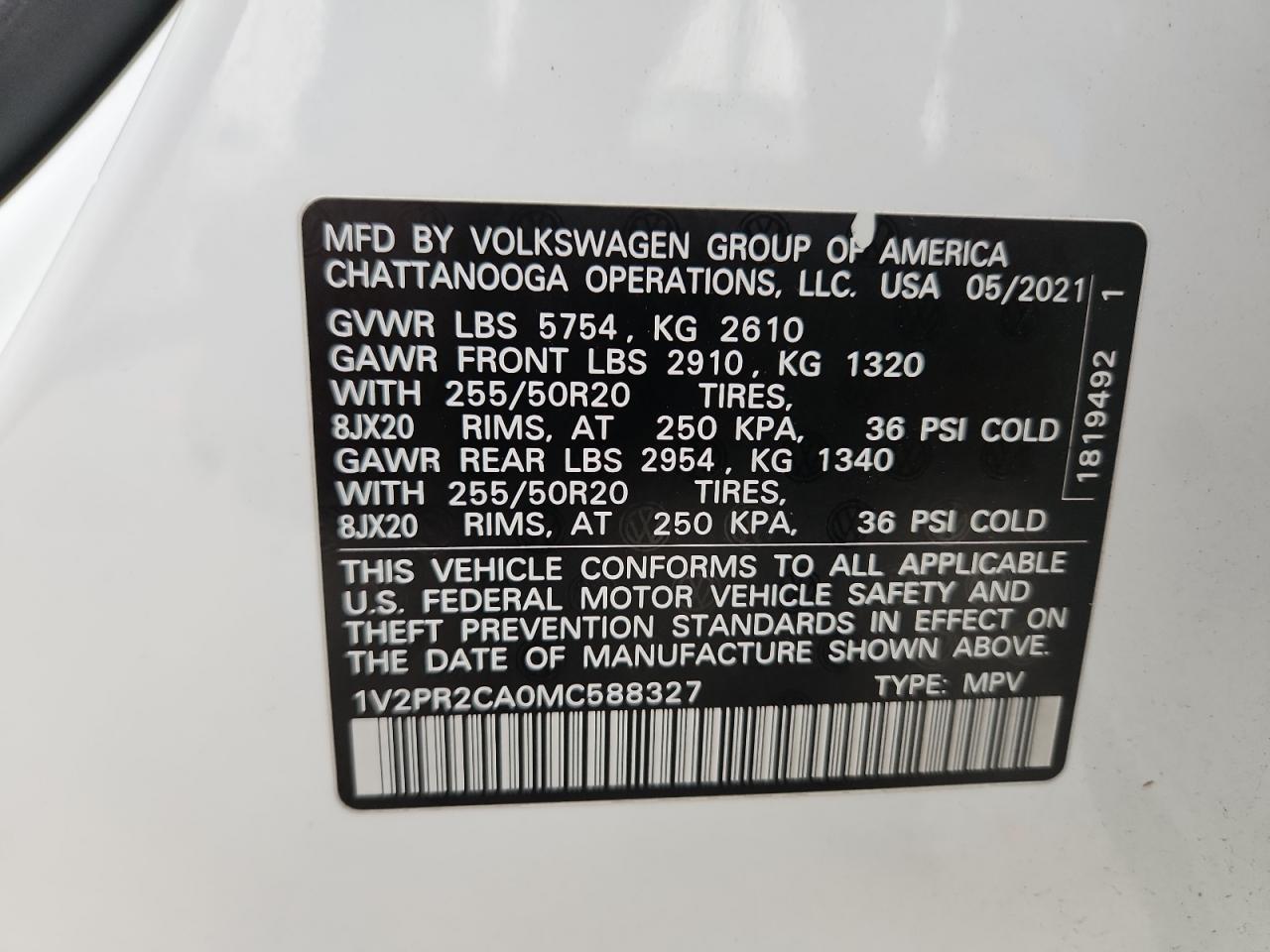 2021 Volkswagen Atlas Se VIN: 1V2PR2CA0MC588327 Lot: 93638875
