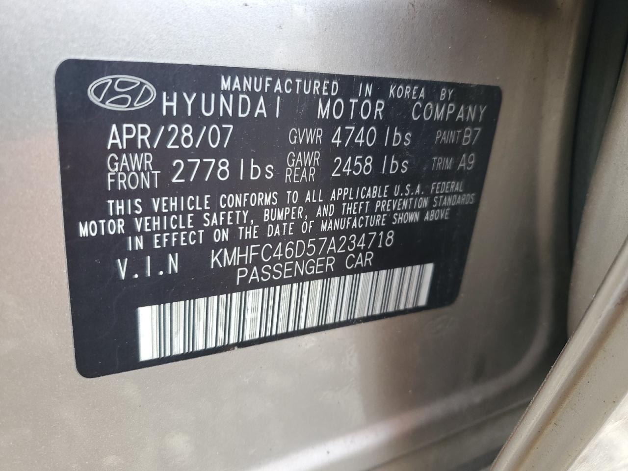 2007 Hyundai Azera Gls VIN: KMHFC46D57A234718 Lot: 92768005