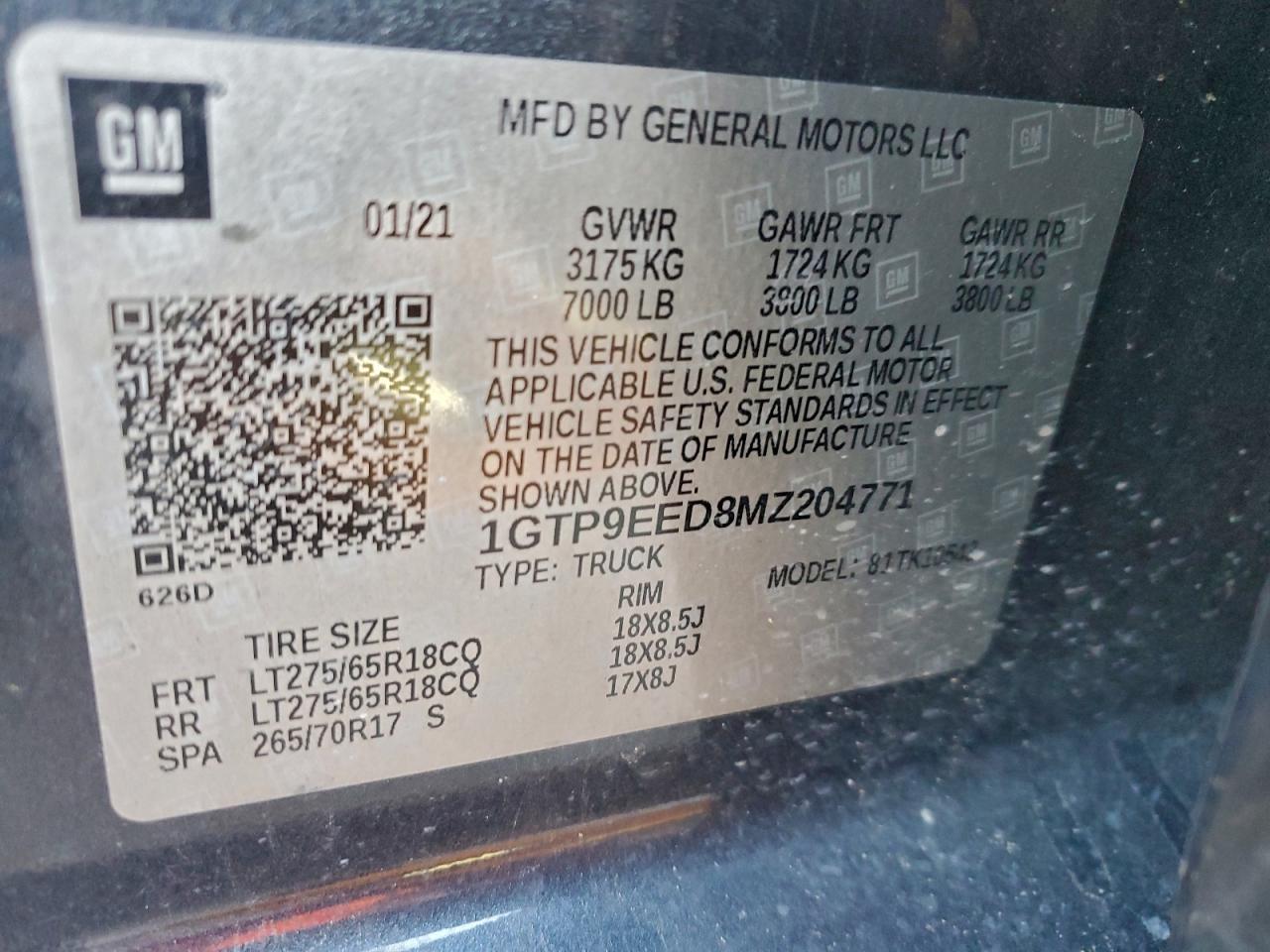 2021 GMC Sierra K1500 At4 VIN: 1GTP9EED8MZ204771 Lot: 94328835