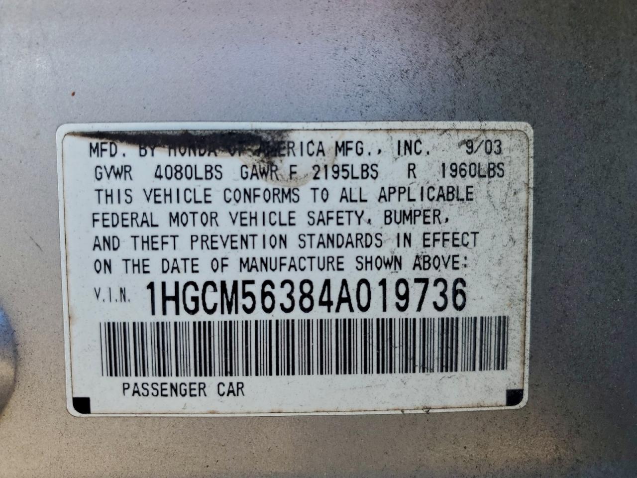 2004 Honda Accord Lx VIN: 1HGCM56384A019736 Lot: 94270395