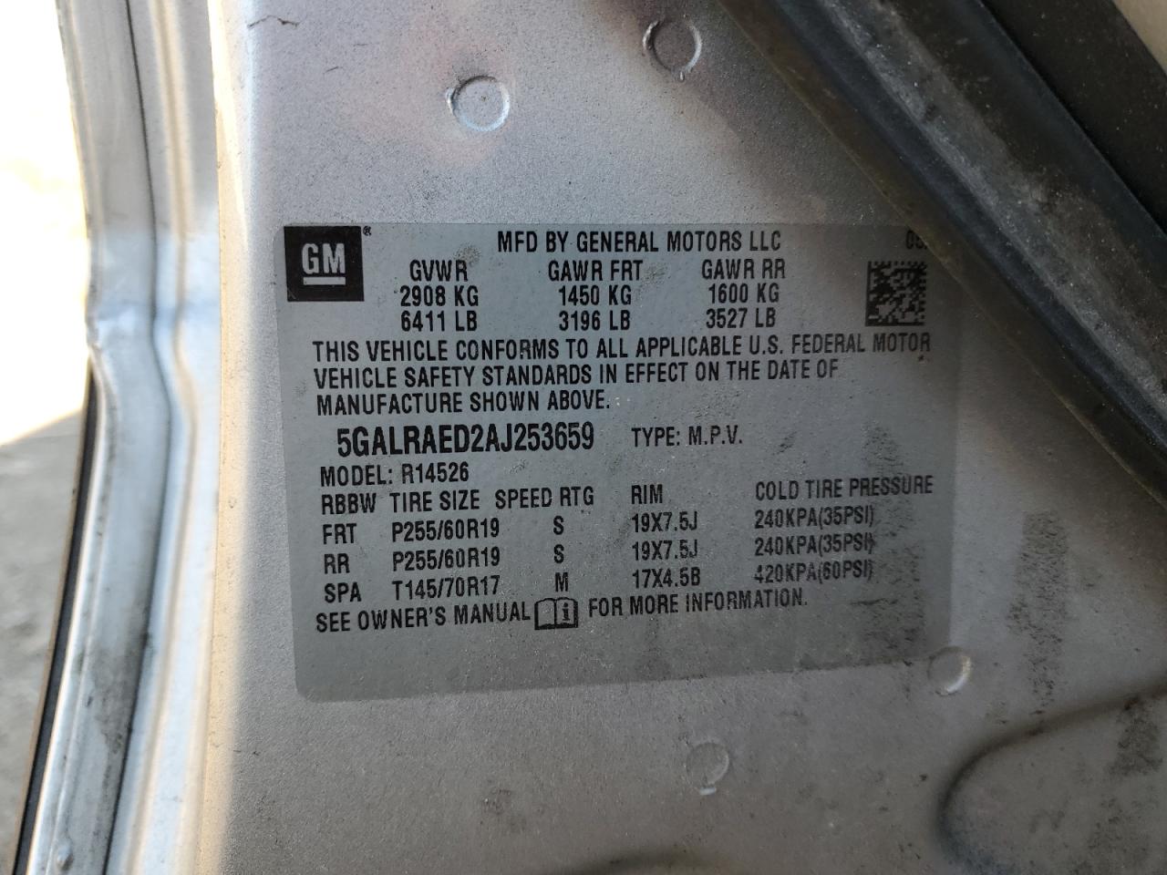 2010 Buick Enclave Cx VIN: 5GALRAED2AJ253659 Lot: 93308735