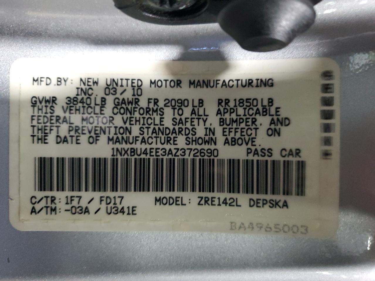 2010 Toyota Corolla Base VIN: 1NXBU4EE3AZ372690 Lot: 91399265