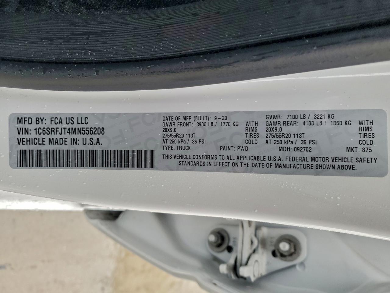 2021 Ram 1500 Laramie VIN: 1C6SRFJT4MN556208 Lot: 90279255