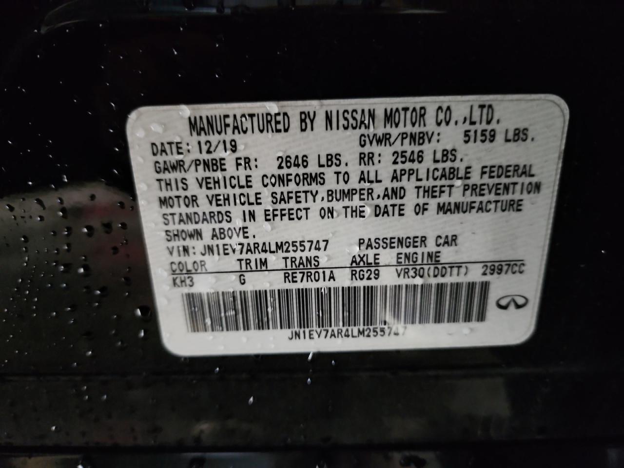 2020 Infiniti Q50 Pure VIN: JN1EV7AR4LM255747 Lot: 92656945