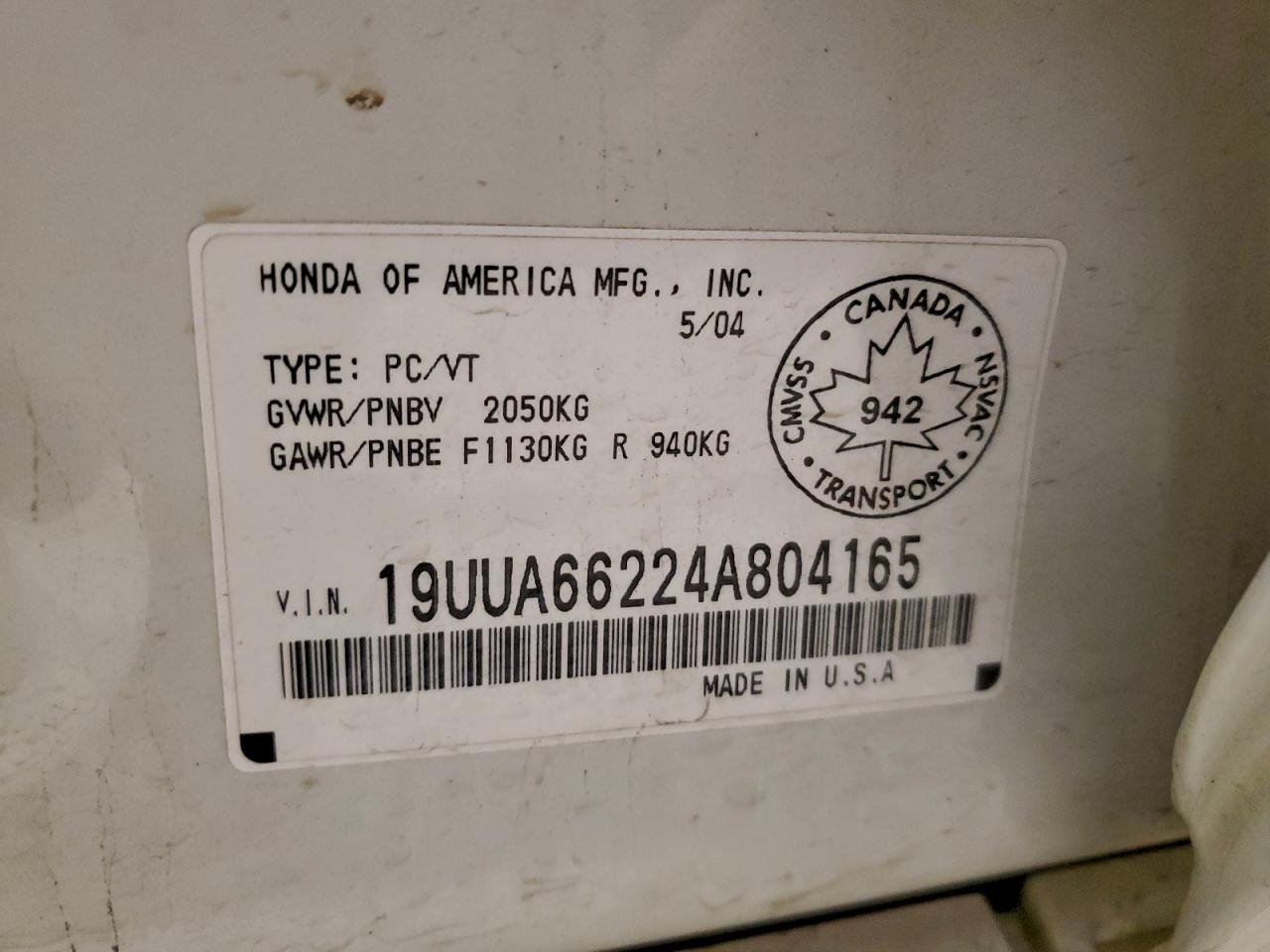 2004 Acura Tl VIN: 19UUA66224A804165 Lot: 93613955