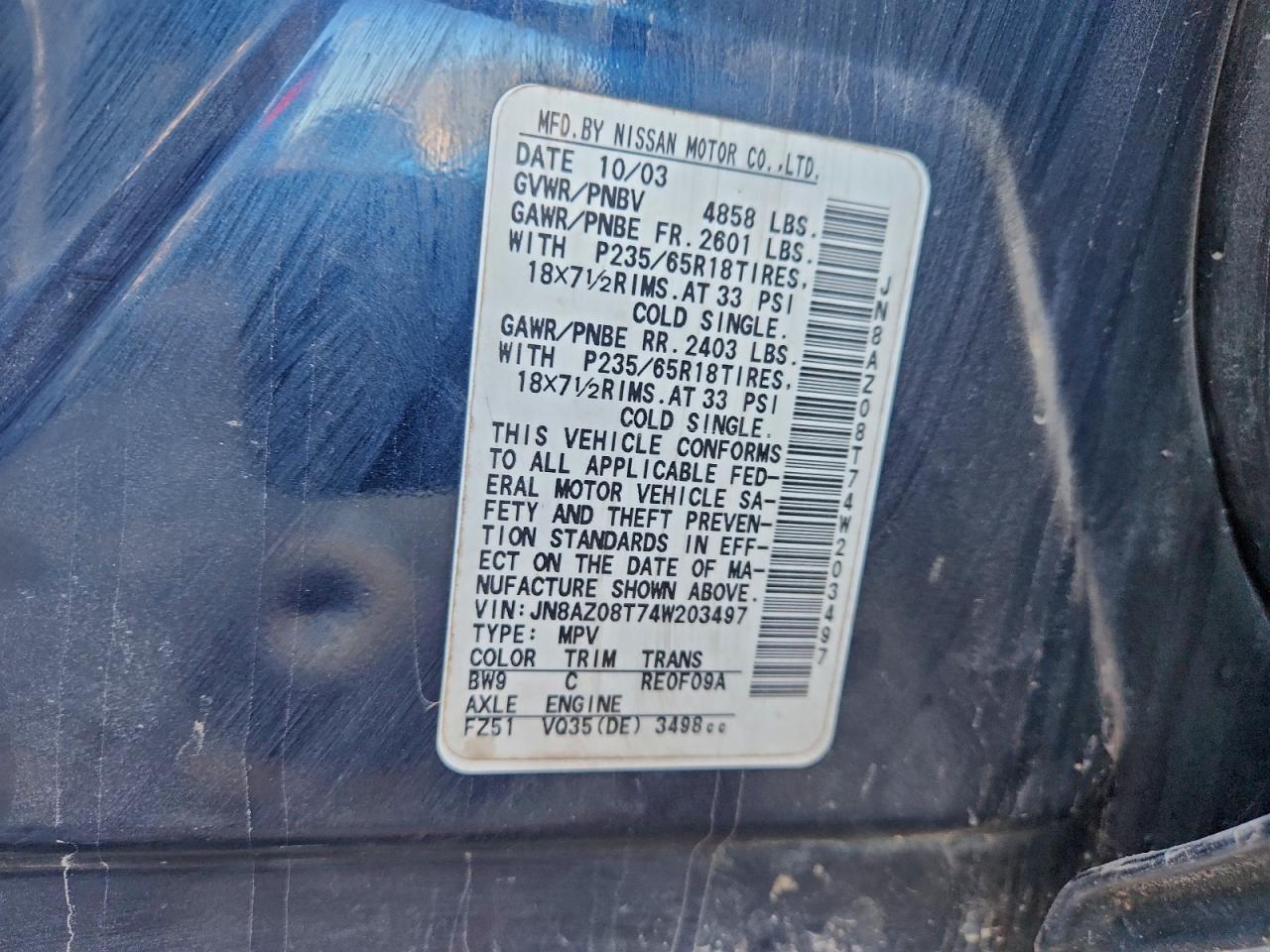 2004 Nissan Murano Sl VIN: JN8AZ08T74W203497 Lot: 93454855