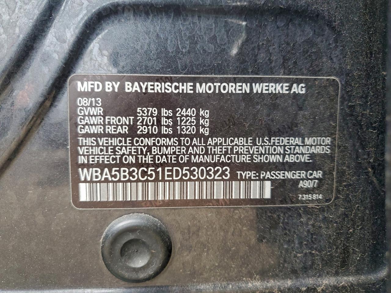 2014 BMW 535 Xi VIN: WBA5B3C51ED530323 Lot: 93886175