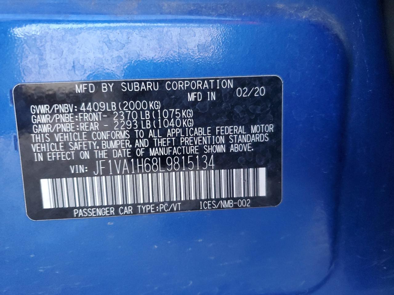 2020 Subaru Wrx Limited VIN: JF1VA1H68L9815134 Lot: 93341765