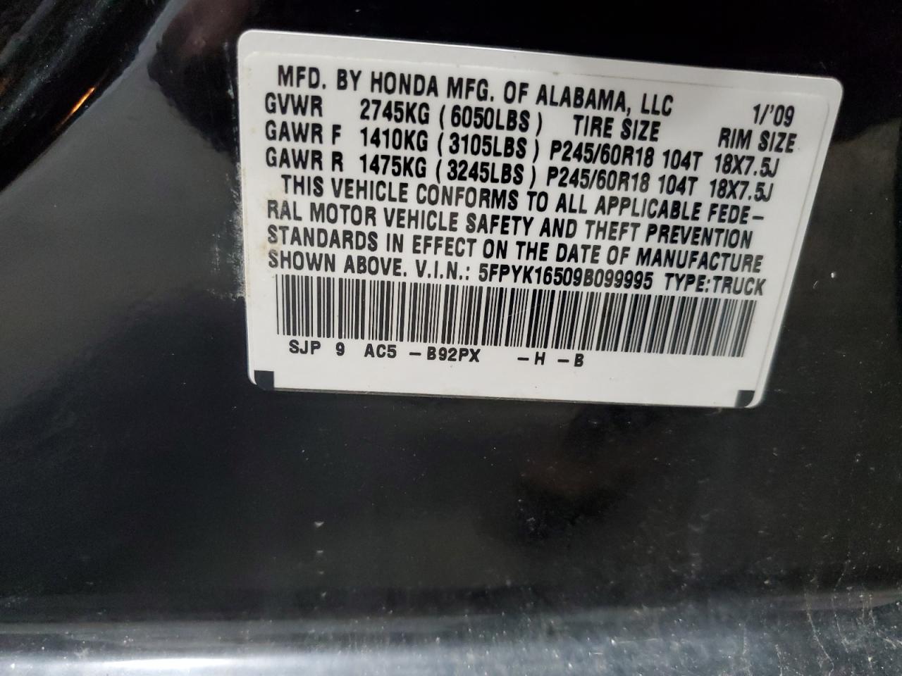 2009 Honda Ridgeline Rtl VIN: 5FPYK16509B099995 Lot: 93115165