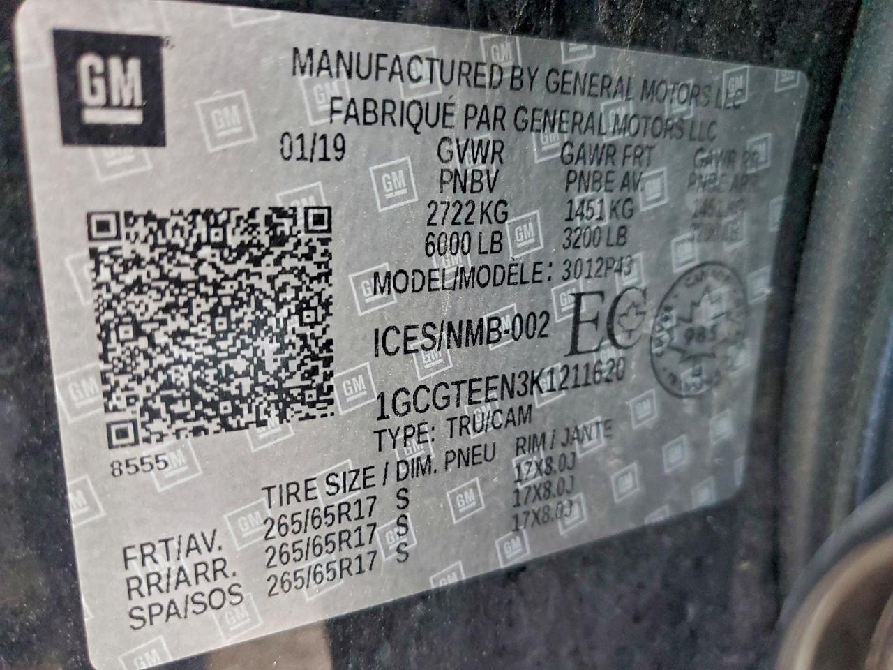 2019 Chevrolet Colorado Zr2 VIN: 1GCGTEEN3K1211620 Lot: 93910825