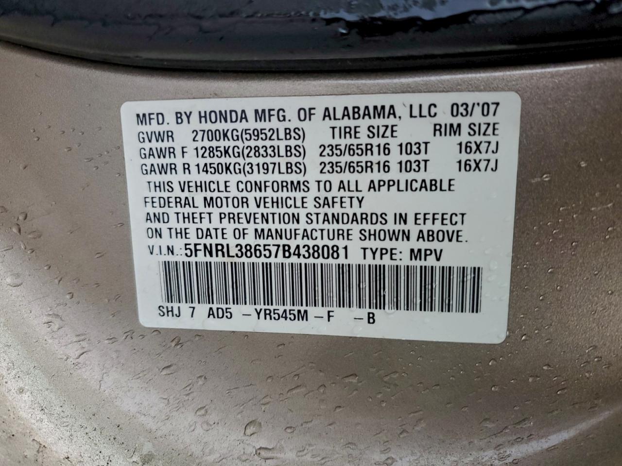 2007 Honda Odyssey Exl VIN: 5FNRL38657B438081 Lot: 92736225