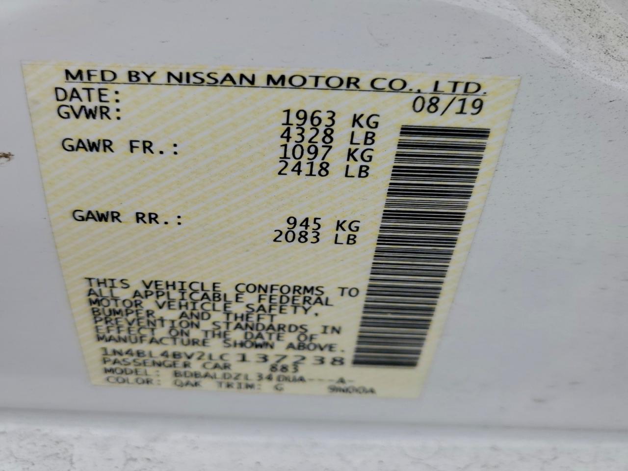 2020 Nissan Altima S VIN: 1N4BL4BV2LC137238 Lot: 94495685