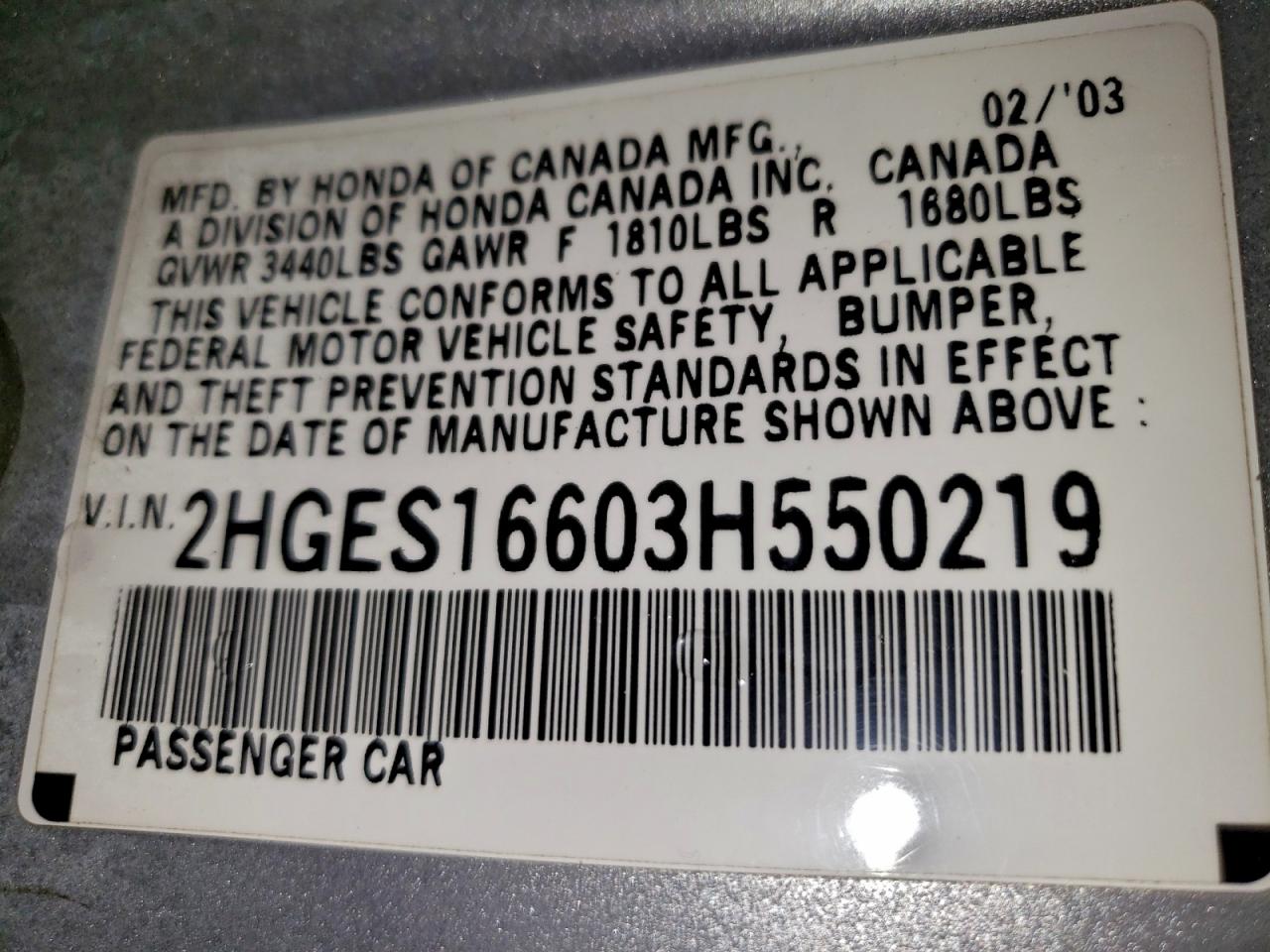 2003 Honda Civic Lx VIN: 2HGES16603H550219 Lot: 94383815