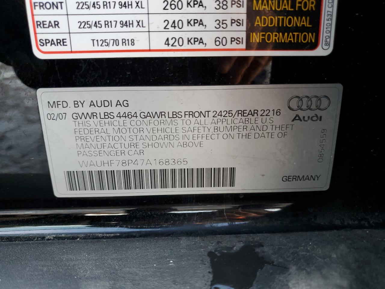 2007 Audi A3 2 VIN: WAUHF78P47A168365 Lot: 86121035