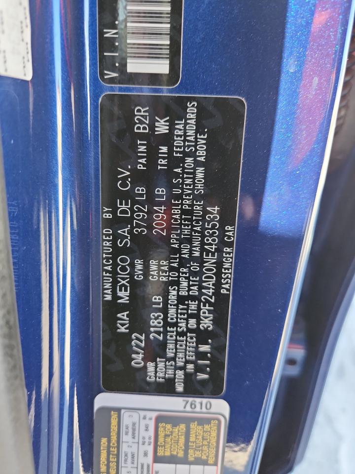 2022 Kia Forte Fe VIN: 3KPF24AD0NE483534 Lot: 93387205