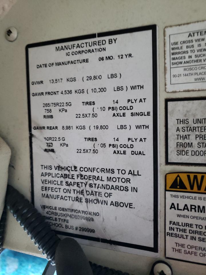 2013 Ic Corporation Ce Series School - Transit Bus VIN: 4DRBUSKP4DB299999 Lot: 92109335