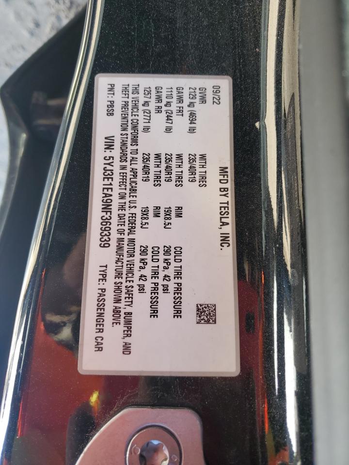 2022 Tesla Model 3 VIN: 5YJ3E1EA9NF369339 Lot: 91355095