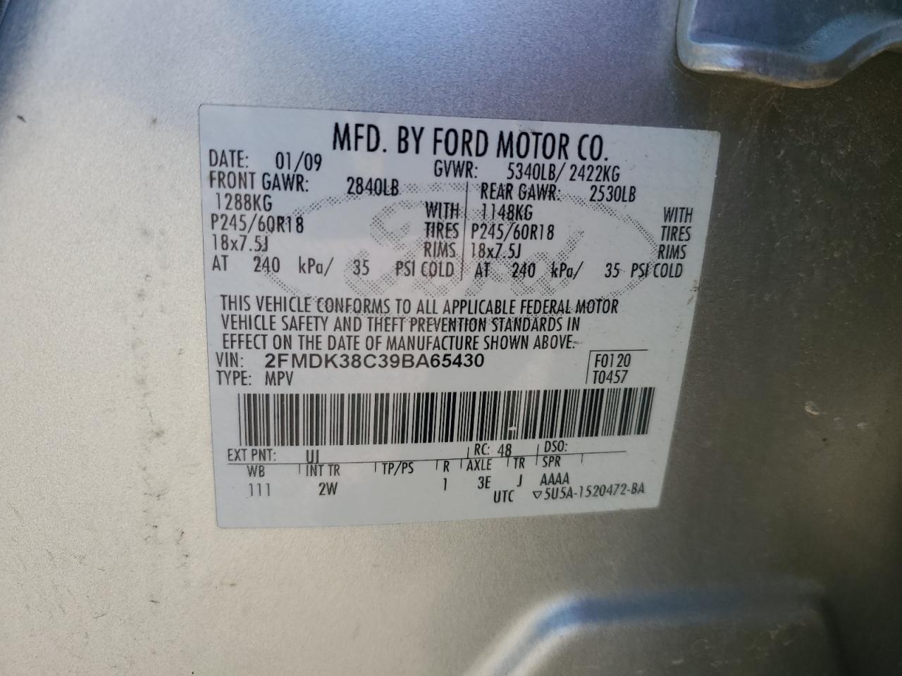 2009 Ford Edge Sel VIN: 2FMDK38C39BA65430 Lot: 92631325