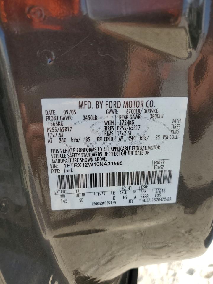 2006 Ford F150 VIN: 1FTRX12W16NA31585 Lot: 93852975