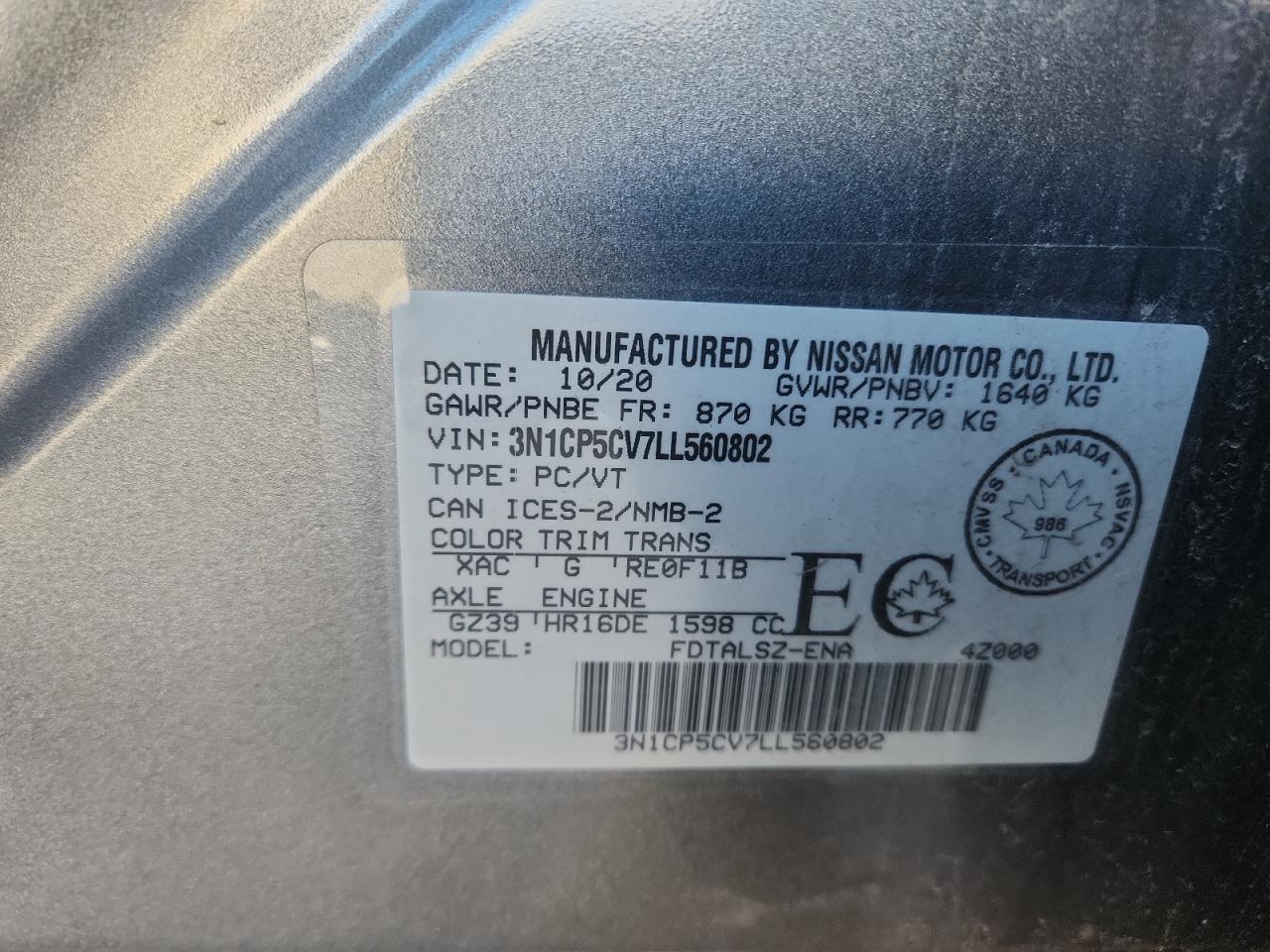 2020 Nissan Kicks Sv VIN: 3N1CP5CV7LL560802 Lot: 86793035