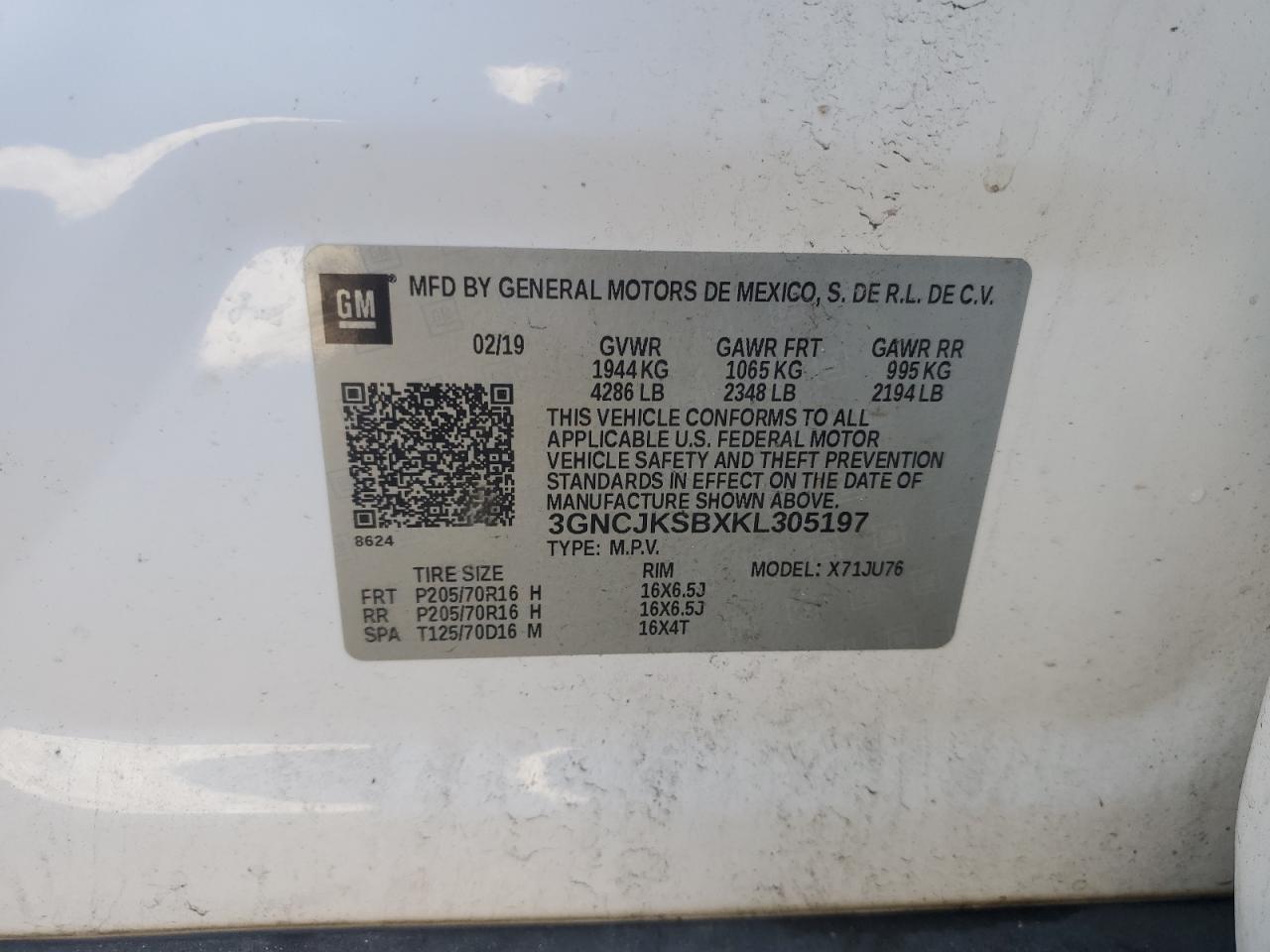 2019 Chevrolet Trax Ls VIN: 3GNCJKSBXKL305197 Lot: 91569515