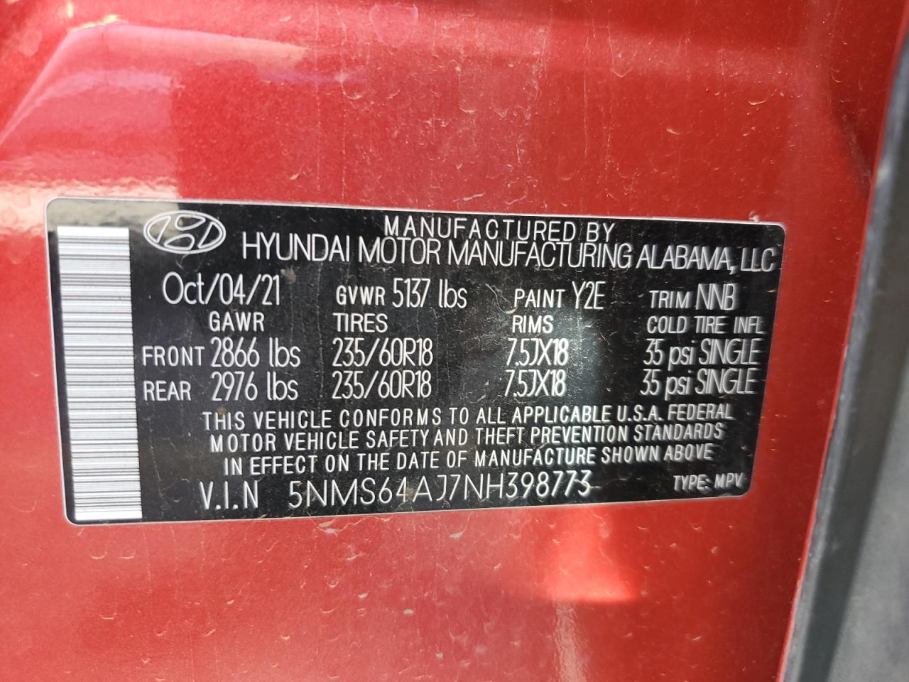 2022 Hyundai Santa Fe Sel VIN: 5NMS64AJ7NH398773 Lot: 93422725