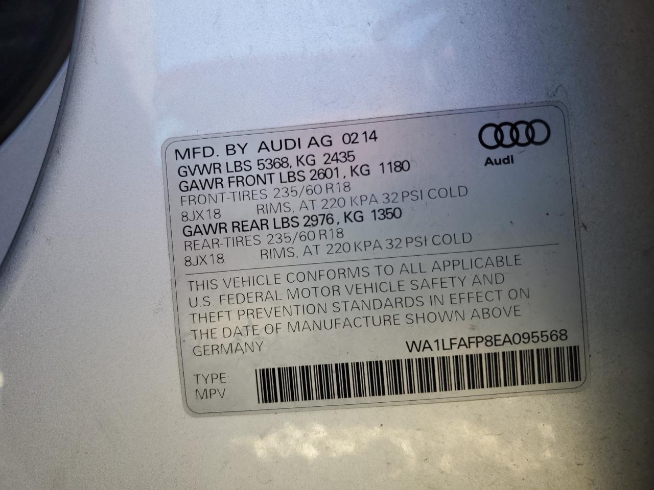 2014 Audi Q5 Premium Plus VIN: WA1LFAFP8EA095568 Lot: 91184335