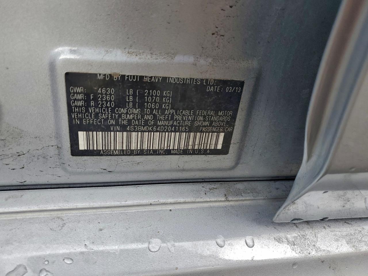 2013 Subaru Legacy 3.6R Limited VIN: 4S3BMDK64D2041165 Lot: 93753455