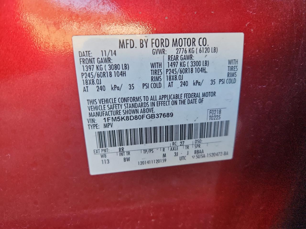 2015 Ford Explorer Xlt VIN: 1FM5K8D80FGB37689 Lot: 92103345