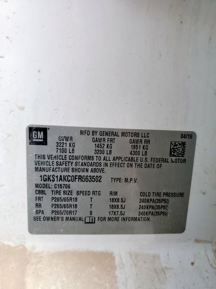 2015 GMC Yukon Sle VIN: 1GKS1AKC0FR663502 Lot: 92409845