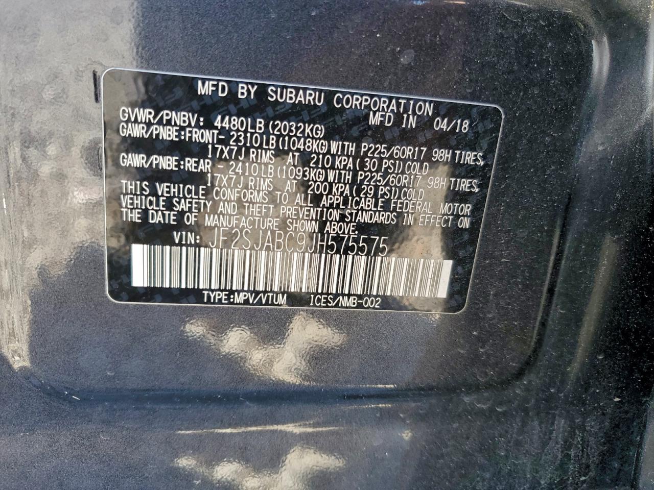 2018 Subaru Forester 2.5I VIN: JF2SJABC9JH575575 Lot: 94751365