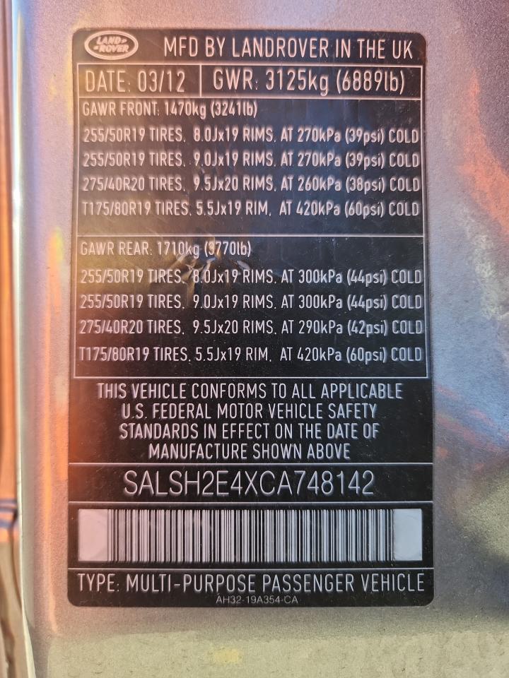 2012 Land Rover Range Rover Sport Sc VIN: SALSH2E4XCA748142 Lot: 92876515