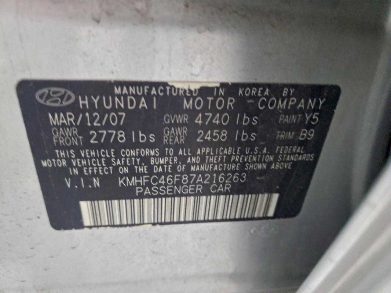 2007 Hyundai Azera Se VIN: KMHFC46F87A216263 Lot: 93750255