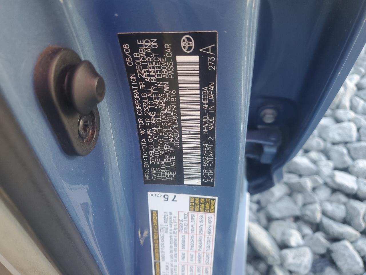 2008 Toyota Prius VIN: JTDKB20U487791816 Lot: 92086735