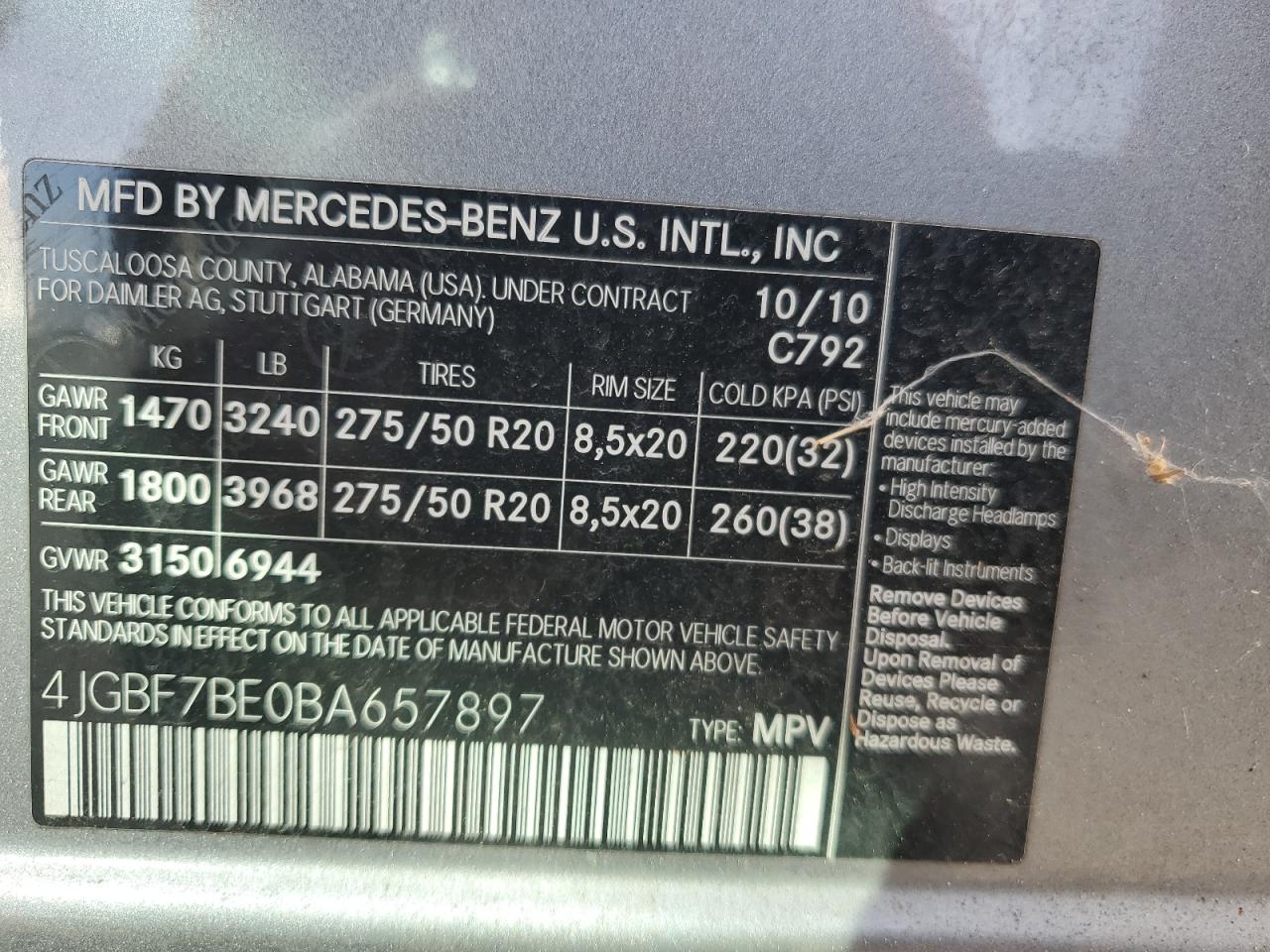 2011 Mercedes-Benz Gl 450 4Matic VIN: 4JGBF7BE0BA657897 Lot: 92487375