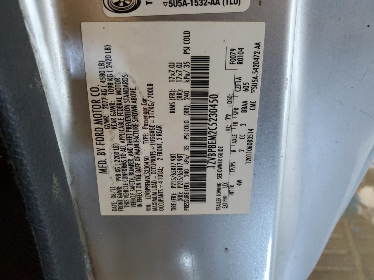 2012 Ford Mustang VIN: 1ZVBP8EM2C5230450 Lot: 92645395