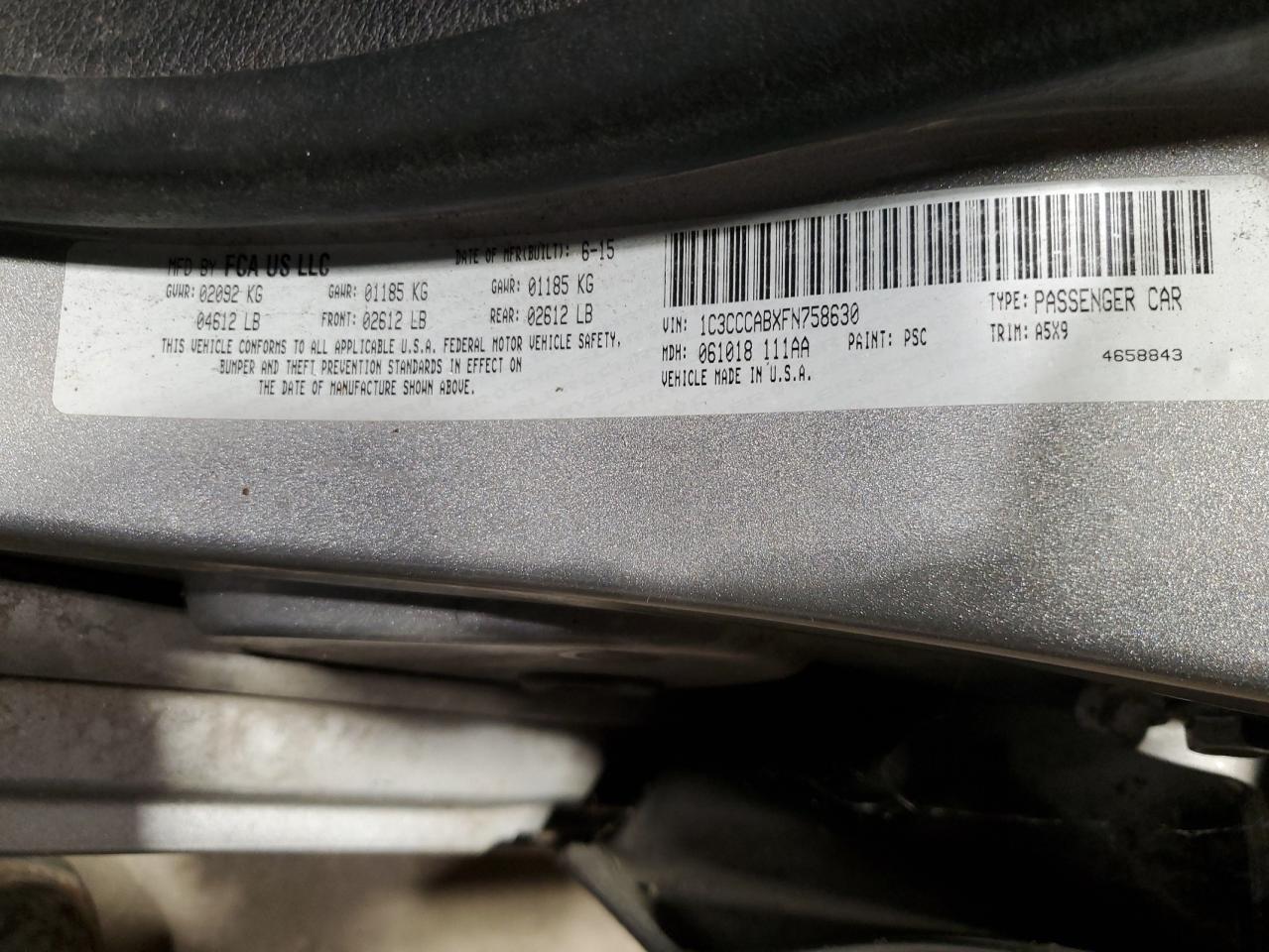 2015 Chrysler 200 Limited VIN: 1C3CCCABXFN758630 Lot: 92956755