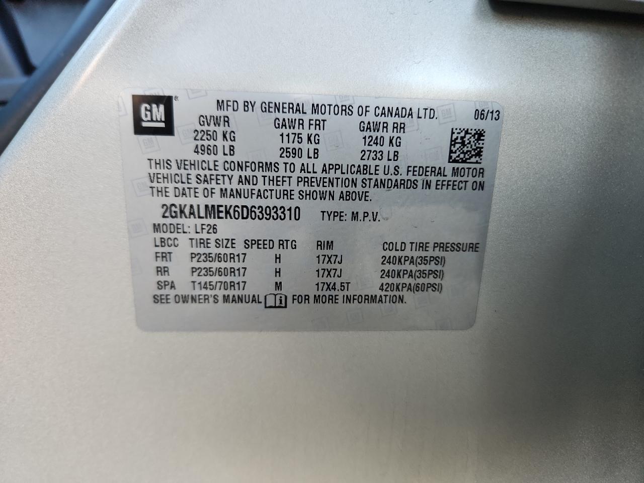 2013 GMC Terrain Sle VIN: 2GKALMEK6D6393310 Lot: 92314545