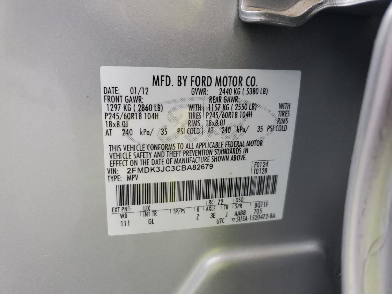 2012 Ford Edge Sel VIN: 2FMDK3JC3CBA82679 Lot: 92916125