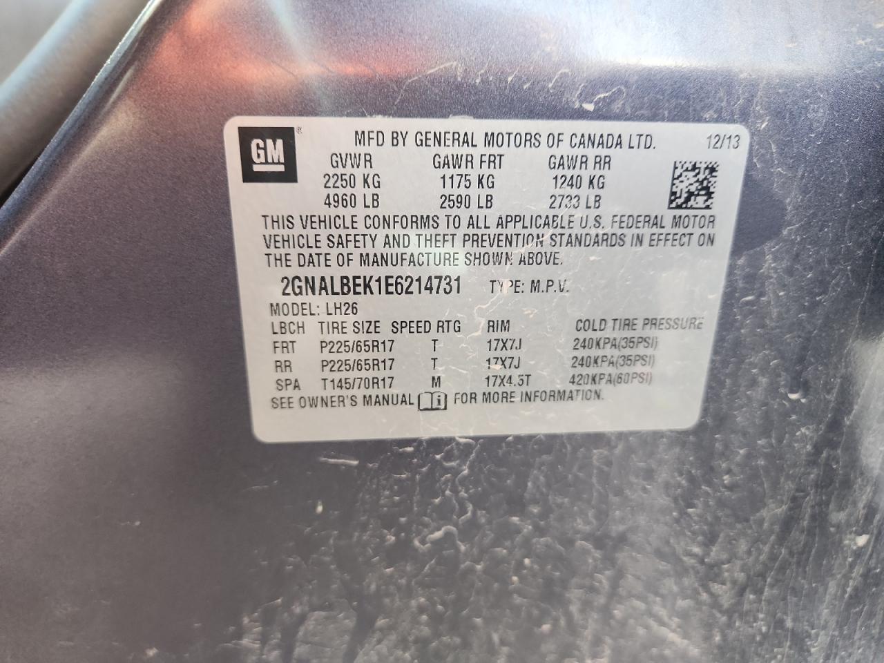 2014 Chevrolet Equinox Lt VIN: 2GNALBEK1E6214731 Lot: 90817505