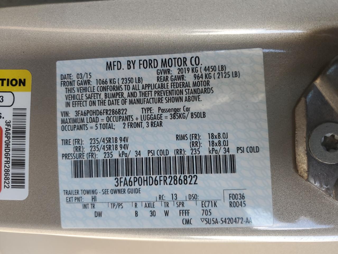 2015 Ford Fusion Se VIN: 3FA6P0HD6FR286822 Lot: 92925635