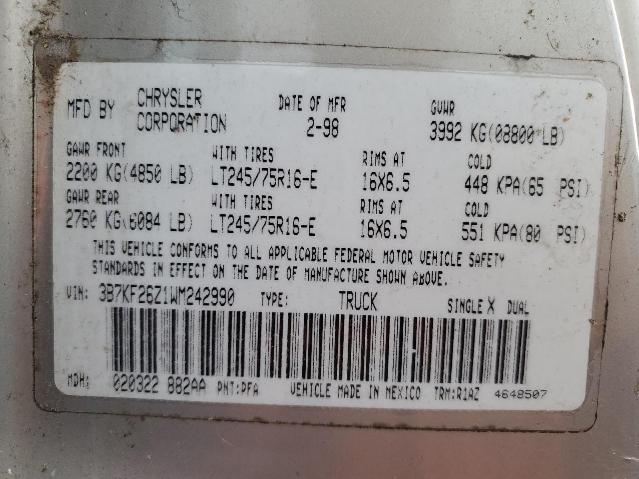 1998 Dodge Ram 2500 VIN: 3B7KF26Z1WM242990 Lot: 92901165